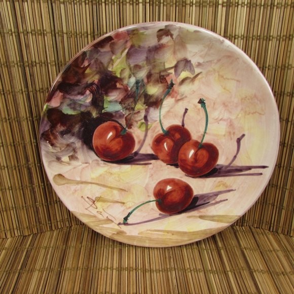 Vintage Peasant Village Italian Pottery Hand Painted Fruit Cherries 8.25" Plate - Picture 2 of 10